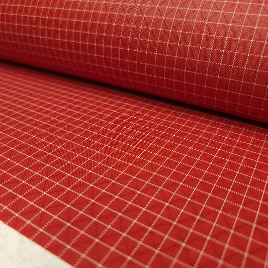 High-quality image showcasing my Brick Red 210D UHMWPE Gridstop Nylon fabric, emphasizing its lightweight, durable woven texture and unique waterproof properties. The image highlights the fabric's intricate UHMWPE fiber grid, its robust 210D denier thickness, and the dual protective coating – 1000mm PU on the back and DWR on the front. Ideal for visualizing the fabric's application in making resilient, weather-resistant outdoor gear like backpacks, fanny packs, and reinforcement areas.