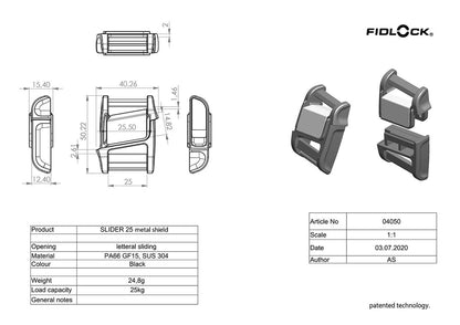 Fidlock 25mm StSt Shield Slider: A cutting-edge, magnetic buckle for premium gear, designed for 25mm straps. Features a durable stainless steel and PA66GF15 build, ensuring longevity and easy, one-handed operation.