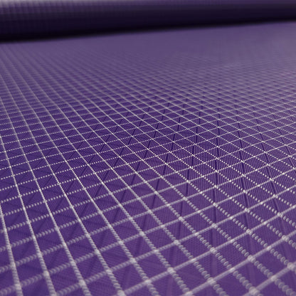 High-quality image showcasing my Grape Purple 210D UHMWPE Gridstop Nylon fabric, emphasizing its lightweight, durable woven texture and unique waterproof properties. The image highlights the fabric's intricate UHMWPE fiber grid, its robust 210D denier thickness, and the dual protective coating – 1000mm PU on the back and DWR on the front. Ideal for visualizing the fabric's application in making resilient, weather-resistant outdoor gear like backpacks, fanny packs, and reinforcement areas.