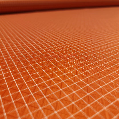 High-quality image showcasing my Mars Orange 210D UHMWPE Gridstop Nylon fabric, emphasizing its lightweight, durable woven texture and unique waterproof properties. The image highlights the fabric's intricate UHMWPE fiber grid, its robust 210D denier thickness, and the dual protective coating – 1000mm PU on the back and DWR on the front. Ideal for visualizing the fabric's application in making resilient, weather-resistant outdoor gear like backpacks, fanny packs, and reinforcement areas.