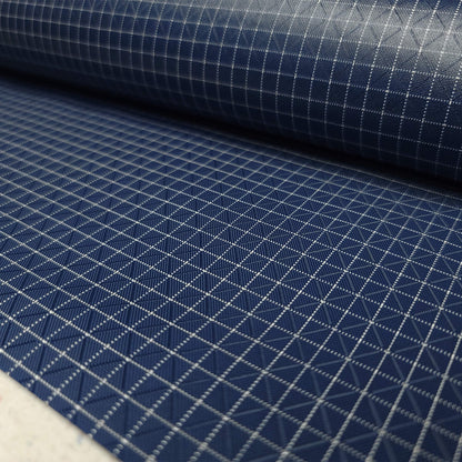 High-quality image showcasing my Midnight Navy 210D UHMWPE Gridstop Nylon fabric, emphasizing its lightweight, durable woven texture and unique waterproof properties. The image highlights the fabric's intricate UHMWPE fiber grid, its robust 210D denier thickness, and the dual protective coating – 1000mm PU on the back and DWR on the front. Ideal for visualizing the fabric's application in making resilient, weather-resistant outdoor gear like backpacks, fanny packs, and reinforcement areas.