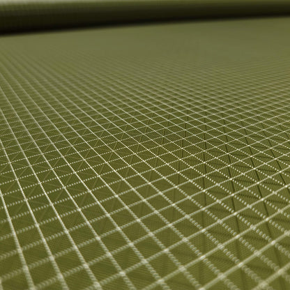 High-quality image showcasing my Olive Green 210D UHMWPE Gridstop Nylon fabric, emphasizing its lightweight, durable woven texture and unique waterproof properties. The image highlights the fabric's intricate UHMWPE fiber grid, its robust 210D denier thickness, and the dual protective coating – 1000mm PU on the back and DWR on the front. Ideal for visualizing the fabric's application in making resilient, weather-resistant outdoor gear like backpacks, fanny packs, and reinforcement areas.