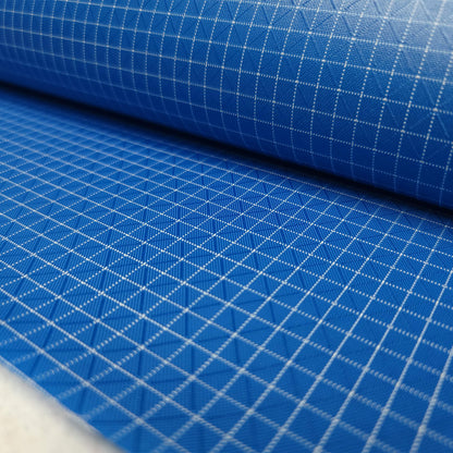 High-quality image showcasing my Sky Blue 210D UHMWPE Gridstop Nylon fabric, emphasizing its lightweight, durable woven texture and unique waterproof properties. The image highlights the fabric's intricate UHMWPE fiber grid, its robust 210D denier thickness, and the dual protective coating – 1000mm PU on the back and DWR on the front. Ideal for visualizing the fabric's application in making resilient, weather-resistant outdoor gear like backpacks, fanny packs, and reinforcement areas.