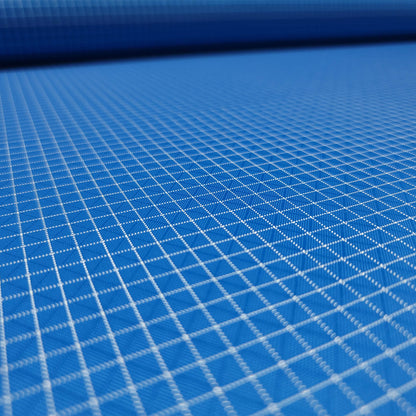 High-quality image showcasing my Sky Blue 210D UHMWPE Gridstop Nylon fabric, emphasizing its lightweight, durable woven texture and unique waterproof properties. The image highlights the fabric's intricate UHMWPE fiber grid, its robust 210D denier thickness, and the dual protective coating – 1000mm PU on the back and DWR on the front. Ideal for visualizing the fabric's application in making resilient, weather-resistant outdoor gear like backpacks, fanny packs, and reinforcement areas.